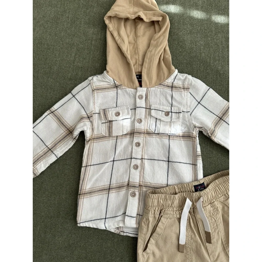 FRIENDZ Beige White Plaid Hoodie & Pants Set 12-18M 2pc Cotton Bear